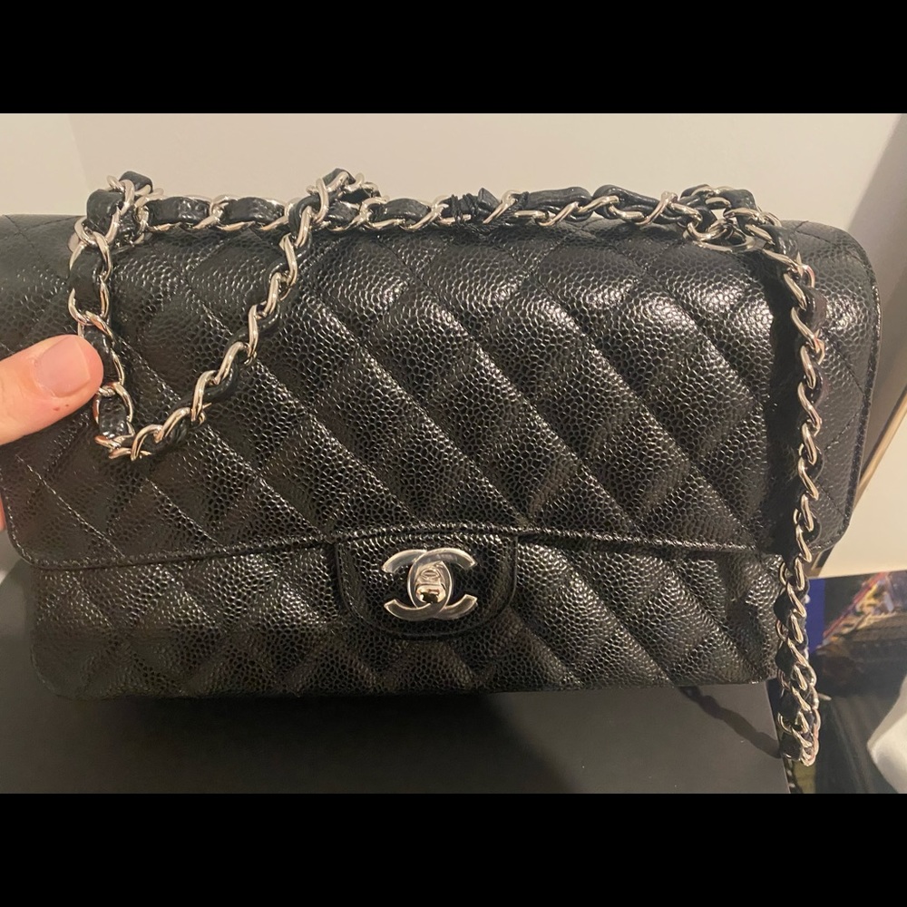 Black caviar classic flap with silver hardware